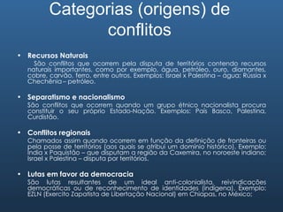 Categorias (origens) de conflitos Recursos Naturais São conflitos que ocorrem pela disputa de territórios contendo recursos naturais importantes, como por exemplo, água, petróleo, ouro, diamantes, cobre, carvão, ferro, entre outros. Exemplos: Israel x Palestina – água; Rússia x Chechênia   – petróleo. Separatismo e nacionalismo São conflitos que ocorrem quando um grupo étnico nacionalista procura constituir o seu próprio Estado-Nação. Exemplos: País Basco, Palestina, Curdistão. Conflitos regionais Chamados assim quando ocorrem em função da definição de fronteiras ou pela posse de territórios (aos quais se atribui um domínio histórico). Exemplo: Índia x Paquistão – que disputam a região da Caxemira, no noroeste indiano; Israel x Palestina – disputa por territórios. Lutas em favor da democracia São lutas resultantes de um ideal anti-colonialista, reivindicações democráticas ou de reconhecimento de identidades (indígena). Exemplo: EZLN (Exercito Zapatista de Libertação Nacional) em Chiapas, no México; 