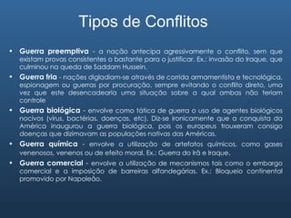 Guerra preemptiva  -  a nação antecipa agressivamente o conflito, sem que existam provas consistentes o bastante para o justificar. Ex.: invasão do Iraque, que culminou na queda de Saddam Hussein. Guerra fria   - nações digladiam-se através de corrida armamentista e tecnológica, espionagem ou guerras por procuração, sempre evitando o conflito direto, uma vez que este desencadearia uma situação sobre a qual ambas não teriam controle  Guerra biológica  -  envolve como tática de guerra o uso de agentes biológicos nocivos (vírus, bactérias, doenças, etc). Diz-se ironicamente que a conquista da América inaugurou a guerra biológica, pois os europeus trouxeram consigo doenças que dizimavam as populações nativas das Américas. Guerra química  -  envolve a utilização de artefatos químicos, como gases venenosos, venenos ou de efeito moral. Ex.: Guerra do Irã e Iraque . Guerra comercial  -  envolve a utilização de mecanismos tais como o embargo comercial e a imposição de barreiras alfandegárias. Ex.: Bloqueio continental promovido por Napoleão.  Tipos de Conflitos 