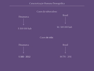 Casos de tuberculose:
Casos de sida:
Dinamarca
Dinamarca
Brasil
Brasil
5 /100 000 hab
36 / 100 000 hab
5 300 - 2012 38 776 - 2011
Caracterização Humana Demográfica
 