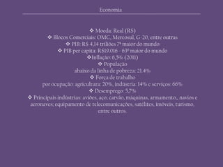 Economia
 Moeda: Real (R$)
 Blocos Comerciais: OMC, Mercosul, G-20, entre outras
 PIB: R$ 4,14 triliões 7ª maior do mundo
 PIB per capita: R$19.016 - 63º maior do mundo
Inflação: 6,5% (2011)
 População
abaixo da linha de pobreza: 21.4%
 Força de trabalho
por ocupação: agricultura: 20%, indústria: 14% e serviços: 66%
 Desemprego: 5,7%
 Principais indústrias: aviões, aço, carvão, máquinas, armamento,, navios e
aeronaves; equipamento de telecomunicações, satélites, imóveis, turismo,
entre outros.
 