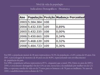Nível de vida da população
Indicadores Demográficos - Dinamarca
Em 1901, a população menor de 18 anos representava 34,3% da população, e 6,6% acima de 65 anos. Em
1997, o percentagem de menores de 18 anos era de 18,8%, representando um envelhecimento
da população do país.
Em 1998, a população urbana representava 85 % , enquanto que a rural, 15%; Entre os anos de 1995 e
2000, o crescimento demográfico foi de 0,3% ao ano, nessa fase a fecundidade por mulher era de 1,72
filho; a esperança media de vida era de 73 anos para os homens e de 78 para as mulheres. No anos de
2000, o analfabetismo estava abaixo de 5 %.
 
