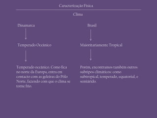 Dinamarca Brasil
Maioritariamente TropicalTemperado Oceânico
Temperado oceânico. Como fica
no norte da Europa, entra em
contacto com as geleiras do Pólo
Norte, fazendo com que o clima se
torne frio.
Porém, encontramos também outros
subtipos climáticos: como
subtropical, temperado, equatorial, e
semiárido.
Caracterização Física
Clima
 