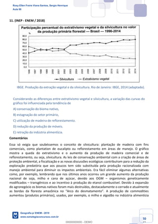 Ciências Humanas e Suas Tecnologias
Prof. Sérgio Henrique
Aula 00 - Resolução ENEM 2018 - Geografia.
www.estrategiaconcursos.com.br
20
42
11. (INEP - ENEM / 2018)
IBGE. Produção da extração vegetal e da silvicultura. Rio de Janeiro: IBGE, 2014 (adaptado).
Considerando as diferenças entre extrativismo vegetal e silvicultura, a variação das curvas do
gráfico foi influenciada pela tendência de
A) conservação do bioma nativo,
B) estagnação do setor primário,
C) utilização de madeira de reflorestamento.
D) redução da produção de móveis.
E) retração da indústria alimentícia.
Comentários
Essa só exigia que soubéssemos o conceito de silvicultura: plantação de madeira com fins
comerciais, como plantation de eucalipto ou reflorestamento em áreas de manejo. O gráfico
mostra a queda do extrativismo e o aumento da produção de madeira comercial e de
reflorestamento, ou seja, silvicultura. As leis de conservação ambiental com a criação de áreas de
proteção ambiental, a fiscalização e as novas discussões ecológicas contribuíram para a redução da
exploração predatória que aos poucos tem sido substituída pela produção racionalizada com
manejo ambiental para diminuir os impactos ambientais. Era fácil eliminar algumas alternativas
como, por exemplo, lembrando que nos últimos anos ocorreu um grande aumento da produção
nacional de soja, milho e cana de açúcar, devido aos OGM organismos geneticamente
modificados transgênicos e ao incentivo à produção do etanol combustível. Devido à expansão
do agronegócio os biomas nativos foram mais destruídos, destacadamente o cerrado e atualmente
aumentou (produtos primários), usados, por exemplo, o milho e algodão na indústria alimentícia
Rosy Ellen Freire Viana Santos, Sergio Henrique
Aula 00
Geografia p/ ENEM - 2019
www.estrategiaconcursos.com.br
0
00000000000 - DEMO
 