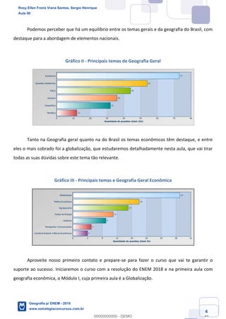 Ciências Humanas e Suas Tecnologias
Prof. Sérgio Henrique
Aula 00 - Resolução ENEM 2018 - Geografia.
www.estrategiaconcursos.com.br
4
42
Podemos perceber que há um equilíbrio entre os temas gerais e da geografia do Brasil, com
destaque para a abordagem de elementos nacionais.
Gráfico II - Principais temas de Geografia Geral
Tanto na Geografia geral quanto na do Brasil os temas econômicos têm destaque, e entre
eles o mais cobrado foi a globalização, que estudaremos detalhadamente nesta aula, que vai tirar
todas as suas dúvidas sobre este tema tão relevante.
Gráfico III - Principais temas e Geografia Geral Econômica
Aproveite nosso primeiro contato e prepare-se para fazer o curso que vai te garantir o
suporte ao sucesso. Iniciaremos o curso com a resolução do ENEM 2018 e na primeira aula com
geografia econômica, o Módulo I, cuja primeira aula é a Globalização.
Rosy Ellen Freire Viana Santos, Sergio Henrique
Aula 00
Geografia p/ ENEM - 2019
www.estrategiaconcursos.com.br
0
00000000000 - DEMO
 