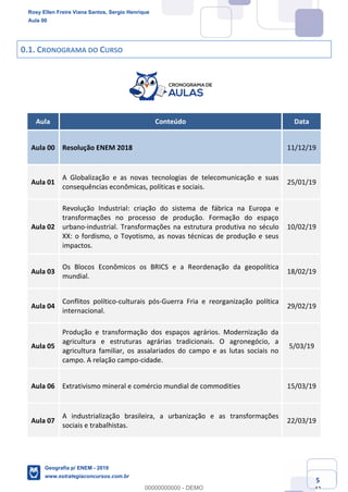 Ciências Humanas e Suas Tecnologias
Prof. Sérgio Henrique
Aula 00 - Resolução ENEM 2018 - Geografia.
www.estrategiaconcursos.com.br
5
42
0.1. CRONOGRAMA DO CURSO
Aula Conteúdo Data
Aula 00 Resolução ENEM 2018 11/12/19
Aula 01
A Globalização e as novas tecnologias de telecomunicação e suas
consequências econômicas, políticas e sociais.
25/01/19
Aula 02
Revolução Industrial: criação do sistema de fábrica na Europa e
transformações no processo de produção. Formação do espaço
urbano-industrial. Transformações na estrutura produtiva no século
XX: o fordismo, o Toyotismo, as novas técnicas de produção e seus
impactos.
10/02/19
Aula 03
Os Blocos Econômicos os BRICS e a Reordenação da geopolítica
mundial.
18/02/19
Aula 04
Conflitos político-culturais pós-Guerra Fria e reorganização política
internacional.
29/02/19
Aula 05
Produção e transformação dos espaços agrários. Modernização da
agricultura e estruturas agrárias tradicionais. O agronegócio, a
agricultura familiar, os assalariados do campo e as lutas sociais no
campo. A relação campo-cidade.
5/03/19
Aula 06 Extrativismo mineral e comércio mundial de commodities 15/03/19
Aula 07
A industrialização brasileira, a urbanização e as transformações
sociais e trabalhistas.
22/03/19
Rosy Ellen Freire Viana Santos, Sergio Henrique
Aula 00
Geografia p/ ENEM - 2019
www.estrategiaconcursos.com.br
0
00000000000 - DEMO
 