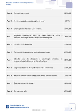Ciências Humanas e Suas Tecnologias
Prof. Sérgio Henrique
Aula 00 - Resolução ENEM 2018 - Geografia.
www.estrategiaconcursos.com.br
6
42
Aula 08 Recursos energéticos. 28/03/19
Aula 09 Movimentos da terra e as estações do ano. 5/04/19
Aula 10 Orientação, localização e fusos horários. 11/04/19
Aula 11
Projeções cartográficas; leitura de mapas temáticos, físicos e
políticos; tecnologias modernas aplicadas à cartografia.
18/04/19
Aula 12 Estrutura interna da terra. 25/04/19
Aula 13 Agentes internos e externos modeladores do relevo. 01/05/19
Aula 14
Situação geral da atmosfera e classificação climática. As
características climáticas do território brasileiro.
10/05/19
Aula 15 Os grandes domínios da vegetação no Brasil e no mundo. 17/05/19
Aula 16 Recursos hídricos; bacias hidrográficas e seus aproveitamentos. 23/05/19
Aula 17 Água: Recurso do século XXI. 28/05/19
Aula 18 Estruturas do solo. 05/06/19
Rosy Ellen Freire Viana Santos, Sergio Henrique
Aula 00
Geografia p/ ENEM - 2019
www.estrategiaconcursos.com.br
0
00000000000 - DEMO
 