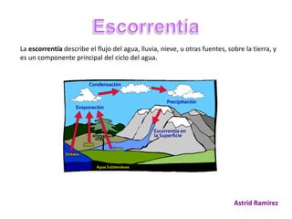 La escorrentía describe el flujo del agua, lluvia, nieve, u otras fuentes, sobre la tierra, y
es un componente principal del ciclo del agua.
Astrid Ramírez
 