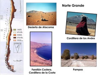 Norte Grande Desierto de Atacama Pampas Farellón Costero,  Cordillera de la Costa Cordillera de los Andes 