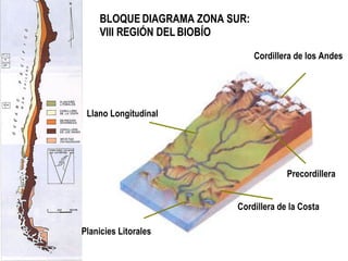 BLOQUE DIAGRAMA ZONA SUR: VIII REGIÓN DEL BIOBÍO Cordillera de los Andes Llano Longitudinal Cordillera de la Costa Planicies Litorales Precordillera 
