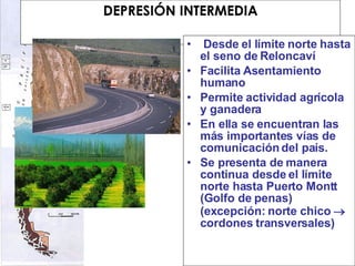 DEPRESIÓN INTERMEDIA Desde el límite norte hasta el seno de Reloncaví  Facilita Asentamiento humano Permite actividad agrícola y ganadera En ella se encuentran las más importantes vías de comunicación del país. Se presenta de manera continua desde el límite norte hasta Puerto Montt (Golfo de penas) (excepción: norte chico    cordones transversales) 