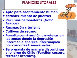 PLANICIES LITORALES Apto para asentamiento humano Y establecimiento de puertos Recursos carboníferos (Golfo Arauco) Recreación y turismo Cultivos de secano Permite construcción carreteras en las zonas donde la depresión intermedia aparece interrumpida por cordones transversales. Se presenta de manera discontinua a lo largo de Chile (Farellón costero, terrazas litorales). 
