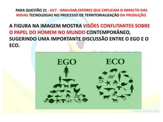 PARA QUESTÃO 21 - H17 - ANALISAR FATORES QUE EXPLICAM O IMPACTO DAS
NOVAS TECNOLOGIAS NO PROCESSO DE TERRITORIALIZAÇÃO DA PRODUÇÃO.
A FIGURA NA IMAGEM MOSTRA VISÕES CONFLITANTES SOBRE
O PAPEL DO HOMEM NO MUNDO CONTEMPORÂNEO,
SUGERINDO UMA IMPORTANTE DISCUSSÃO ENTRE O EGO E O
ECO.
 