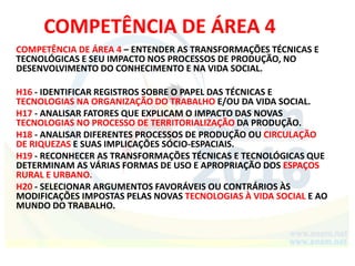 COMPETÊNCIA DE ÁREA 4
COMPETÊNCIA DE ÁREA 4 – ENTENDER AS TRANSFORMAÇÕES TÉCNICAS E
TECNOLÓGICAS E SEU IMPACTO NOS PROCESSOS DE PRODUÇÃO, NO
DESENVOLVIMENTO DO CONHECIMENTO E NA VIDA SOCIAL.
H16 - IDENTIFICAR REGISTROS SOBRE O PAPEL DAS TÉCNICAS E
TECNOLOGIAS NA ORGANIZAÇÃO DO TRABALHO E/OU DA VIDA SOCIAL.
H17 - ANALISAR FATORES QUE EXPLICAM O IMPACTO DAS NOVAS
TECNOLOGIAS NO PROCESSO DE TERRITORIALIZAÇÃO DA PRODUÇÃO.
H18 - ANALISAR DIFERENTES PROCESSOS DE PRODUÇÃO OU CIRCULAÇÃO
DE RIQUEZAS E SUAS IMPLICAÇÕES SÓCIO-ESPACIAIS.
H19 - RECONHECER AS TRANSFORMAÇÕES TÉCNICAS E TECNOLÓGICAS QUE
DETERMINAM AS VÁRIAS FORMAS DE USO E APROPRIAÇÃO DOS ESPAÇOS
RURAL E URBANO.
H20 - SELECIONAR ARGUMENTOS FAVORÁVEIS OU CONTRÁRIOS ÀS
MODIFICAÇÕES IMPOSTAS PELAS NOVAS TECNOLOGIAS À VIDA SOCIAL E AO
MUNDO DO TRABALHO.
 