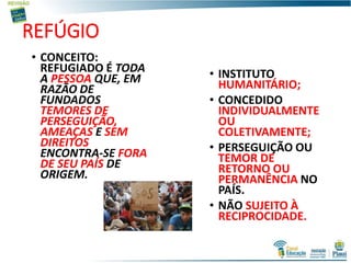 REFÚGIO
• INSTITUTO
HUMANITÁRIO;
• CONCEDIDO
INDIVIDUALMENTE
OU
COLETIVAMENTE;
• PERSEGUIÇÃO OU
TEMOR DE
RETORNO OU
PERMANÊNCIA NO
PAÍS.
• NÃO SUJEITO À
RECIPROCIDADE.
• CONCEITO:
REFUGIADO É TODA
A PESSOA QUE, EM
RAZÃO DE
FUNDADOS
TEMORES DE
PERSEGUIÇÃO,
AMEAÇAS E SEM
DIREITOS
ENCONTRA-SE FORA
DE SEU PAÍS DE
ORIGEM.
 