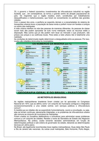 12
70, o governo o federal concentrou investimentos de infra-estrutura industrial na região
Sudeste, que , em conseqüência, se tornou o grande centro de atração populacional do
país. Os migrantes que a região recebeu eram, constituídos por trabalhadores
desqualificados e malremunerados, que foram se concentrando na periferia das grandes
cidades.
Com o passar dos anos, a periferia se expandiu demais e a precariedades do sistema de
transportes urbanos levou a população de baixa renda a preferir morar em favelas e cortiços
no centro das metrópoles.
A rede urbana interfere na vida das pessoas de maneiras diferentes. As pessoas de classe
social mais alta podem aproveitar de tudo numa metrópole, todos os recursos estão a
disposição. Mas outros que já não podem nem levar ao mercado o que produzem, são
presos aos preços e as carências locais. Para estes a rede urbana não é totalmente uma
realidade.
As condições de determinada região determinam a desigualdade entre as pessoas. Por isso,
muitos são cidadãos diminuídos ou incompletos.
AS METRÓPOLES BRASILEIRAS
As regiões metropolitanas brasileiras foram criadas por lei aprovadas no Congresso
Nacional em 1973, que as definiu como “um conjunto de municípios contíguos e integrados
socioeconomicamente a uma cidade central, com serviços públicos e infra-estrutura
comum”.
A medida que as cidades vão se expandindo horizontalmente, ocorre a conurbação, ou seja,
elas se tornam contínuas, plenamente integradas, e os problemas de infra-estrutura urbana
são comuns ao conjunto de municípios da metrópoles.
Foram criados os conselhos deliberativos e consultivos para administrar esses problemas
comuns a um conjunto de cidades. Recebe o nome de Secretária de Estado dos Negócios
Metropolitanos. Na prática, acaba tomando decisões administrativas em função de
determinações políticas e sob ordens do governador do estado, deixando as determinações
técnicas em ultimo plano.
No Brasil, são legalmente reconhecidas treze regiões metropolitanas. Duas delas São Paulo
e Rio de Janeiro são nacionais. As outras onze metrópoles, Belo Horizonte, Porto Alegre,
 