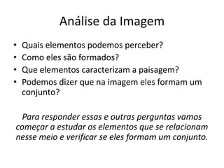 Análise da ImagemQuais elementos podemos perceber?Como eles são formados?Que elementos caracterizam a paisagem? Podemos dizer que na imagem eles formam um conjunto?Para responder essas e outras perguntas vamos começar a estudar os elementos que se relacionam nesse meio e verificar se eles formam um conjunto.