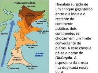 Himalaia surgido de um choque gigantesco entre o a Índia e o restante do continente asiático, dois continentes se chocam em um limite convergente de placas. A esse choque dá-se o nome de Obducção. A espessura da crosta fica duplicada nesse local.