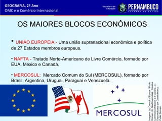 GEOGRAFIA, 2º Ano
OMC e o Comércio Internacional
OS MAIORES BLOCOS ECONÔMICOS
• UNIÃO EUROPEIA - Uma união supranacional econômica e política
de 27 Estados membros europeus.
• NAFTA - Tratado Norte-Americano de Livre Comércio, formado por
EUA, México e Canadá.
• MERCOSUL: Mercado Comum do Sul (MERCOSUL), formado por
Brasil, Argentina, Uruguai, Paraguai e Venezuela.
Imagens:(a)CouncilofEurope/Public
Domain.(b)AlexCovarrubias/Creative
CommonsAttribution2.5Generic.(c)
DisponibilizadaporCastelobranco/
PublicDomain.
 