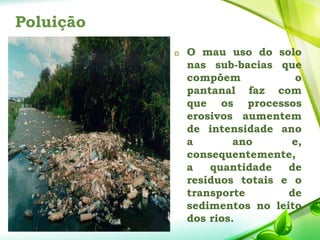 Poluição
 O mau uso do solo
nas sub-bacias que
compõem o
pantanal faz com
que os processos
erosivos aumentem
de intensidade ano
a ano e,
consequentemente,
a quantidade de
resíduos totais e o
transporte de
sedimentos no leito
dos rios.
 