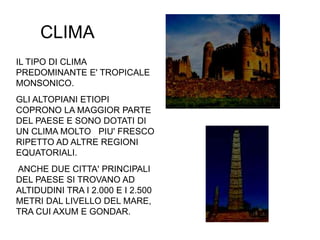 CLIMA
IL TIPO DI CLIMA
PREDOMINANTE E' TROPICALE
MONSONICO.
GLI ALTOPIANI ETIOPI
COPRONO LA MAGGIOR PARTE
DEL PAESE E SONO DOTATI DI
UN CLIMA MOLTO PIU' FRESCO
RIPETTO AD ALTRE REGIONI
EQUATORIALI.
ANCHE DUE CITTA' PRINCIPALI
DEL PAESE SI TROVANO AD
ALTIDUDINI TRA I 2.000 E I 2.500
METRI DAL LIVELLO DEL MARE,
TRA CUI AXUM E GONDAR.
 