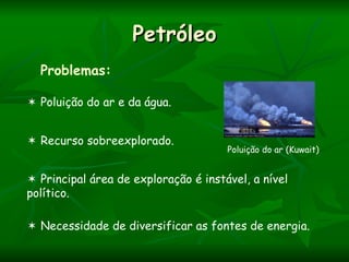 Petróleo
  Problemas:

 Poluição do ar e da água.


 Recurso sobreexplorado.
                                      Poluição do ar (Kuwait)


 Principal área de exploração é instável, a nível
político.

 Necessidade de diversificar as fontes de energia.
 