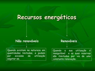 Recursos energéticos


       Não renováveis                     Renováveis

Quando existem na natureza em       Quando a sua utilização é
quantidades limitadas, e podem      inesgotável e as suas reservas
por    excesso   de    utilização   são ilimitadas por via de uma
esgotar-se.                         constante renovação.
 
