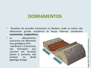 DOBRAMENTOS
 os dobramentos
ocorreram em diferentes
eras geológicas (Pré-
-cambriana e Cenozoica),
são formações que
ocorrem em terrenos
jovens e, portanto, não
existem no Brasil
(geologia antiga).
 Resultam de pressões horizontais na litosfera, onde as rochas não
oferecerem grande resistência às forças internas; constituem
movimentos orogenéticos;
Sinclinal
anticlíneo
Imagem:Ekko/GNUFreeDocumentationLicense.
 