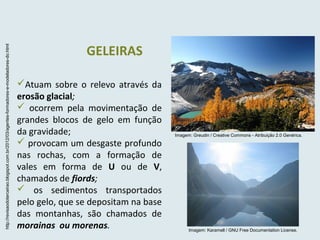 Atuam sobre o relevo através da
erosão glacial;
 ocorrem pela movimentação de
grandes blocos de gelo em função
da gravidade;
 provocam um desgaste profundo
nas rochas, com a formação de
vales em forma de U ou de V,
chamados de fiords;
 os sedimentos transportados
pelo gelo, que se depositam na base
das montanhas, são chamados de
morainas ou morenas.
GELEIRAS
Imagem: Greudin / Creative Commons - Atribuição 2.0 Genérica.
Imagem: Karamell / GNU Free Documentation License.
http://revisaodoterceirao.blogspot.com.br/2012/03/agentes-formadores-e-modeladores-do.html
 