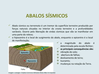 ABALOS SÍSMICOS
 Abalo sísmico ou terremoto é um tremor da superfície terrestre produzido por
forças naturais situadas no interior da crosta terrestre e a profundidades
variáveis. Ocorre pela liberação de ondas sísmicas que vão se manifestar em
uma parte do relevo;
 o hipocentro é o local de surgimento do abalo, enquanto o epicentro é o local
de manifestação;
 a magnitude do abalo é
determinada pela escala Richter;
 as principais consequências são:
 vibração do solo;
 abertura de falhas;
 deslizamento de terra;
 tsunamis;
 mudanças na rotação da Terra.
Epicentro
Hipocentro
Falha
Imagem: Lorangeo / Creative Commons Attribution-Share Alike 3.0 Unported.
 