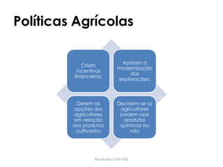 Políticas Agrícolas
Criam
incentivos
financeiros;
Apoiam a
modernização
das
explorações;
Gerem as
opções dos
agricultores
em relação
aos produtos
cultivados
Decidem se os
agricultores
podem usar
produtos
químicos ou
não
Rita Pontes 11ºH nº20
 