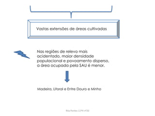 Rita Pontes 11ºH nº20
Vastas extensões de áreas cultivadas
Nas regiões de relevo mais
acidentado, maior densidade
populacional e povoamento disperso,
a área ocupada pela SAU é menor.
Madeira, Litoral e Entre Douro e Minho
 