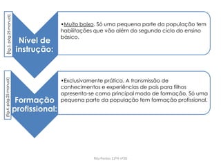 Nível de
instrução:
•Muito baixo. Só uma pequena parte da população tem
habilitações que vão além do segundo ciclo do ensino
básico.
Formação
profissional:
•Exclusivamente prática. A transmissão de
conhecimentos e experiências de pais para filhos
apresenta-se como principal modo de formação. Só uma
pequena parte da população tem formação profissional.
Rita Pontes 11ºH nº20
(fig.3,pág.25manual)(fig.4,pág.25manual)
 