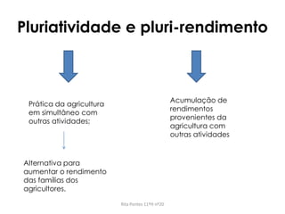Pluriatividade e pluri-rendimento
Rita Pontes 11ºH nº20
Prática da agricultura
em simultâneo com
outras atividades;
Alternativa para
aumentar o rendimento
das famílias dos
agricultores.
Acumulação de
rendimentos
provenientes da
agricultura com
outras atividades
 
