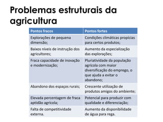 Problemas estruturais da
agricultura
Rita Pontes 11ºH nº20
Pontos fracos Pontos fortes
Explorações de pequena
dimensão;
Condições climáticas propícias
para certos produtos;
Baixos níveis de instrução dos
agricultores;
Aumento da especialização
das explorações;
Fraca capacidade de inovação
e modernização;
Pluriatividade da população
agrícola com maior
diversificação do emprego, o
que ajuda a evitar o
abandono;
Abandono dos espaços rurais; Crescente utilização de
produtos amigos do ambiente;
Elevada percentagem de fraca
aptidão agrícola;
Potencial para produzir com
qualidade e diferenciação;
Falta de competitividade
externa.
Aumento da disponibilidade
de água para rega.
 
