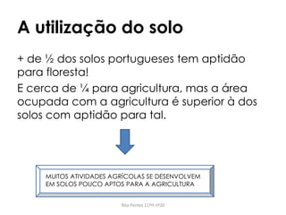A utilização do solo
+ de ½ dos solos portugueses tem aptidão
para floresta!
E cerca de ¼ para agricultura, mas a área
ocupada com a agricultura é superior à dos
solos com aptidão para tal.
Rita Pontes 11ºH nº20
MUITOS ATIVIDADES AGRÍCOLAS SE DESENVOLVEM
EM SOLOS POUCO APTOS PARA A AGRICULTURA
 
