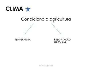 CLIMA
Condiciona a agricultura
Rita Pontes 11ºH nº20
TEMPERATURA PRECIPITAÇÃO
IRREGULAR
 