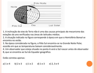 1. A inclinação do eixo da Terra não é uma das causas principais do mecanismo das
estações do ano verificadas nas áreas de latitudes médias.
2. A situação indicada na figura corresponde à época em que o Hemisfério Boreal se
encontra no verão.
3. Na época considerada na figura, o Pólo Sul encontra-se na Grande Noite Polar,
ocasião em que as temperaturas baixam consideravelmente.
4. Um observador que esteja situado no ponto A verá o Sol nascer antes do observador
B, que se encontra ao Sul do Equador geográfico.
Estão corretas apenas:
a) 1 e 4 b) 2 e 3 c) 1 e 2 d) 1 e 3 e) 2, 3 e 4
 