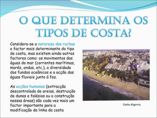 Considera-se a  natureza das rochas  o factor mais determinante do tipo de costa, mas existem ainda outros factores como: os movimentos das águas do mar (correntes marítimas, marés, ondas, etc.), a diversidade dos fundos oceânicos e a acção das águas fluviais junto á foz. As  acções humanas  (extracção descontrolada de areias, destruição de dunas e falésias ou a construção nessas áreas) são cada vez mais um factor importante para a modificação da linha da costa  Costa Algarvia 