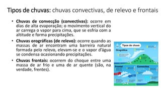 Tipos de chuvas: chuvas convectivas, de relevo e frontais
• Chuvas de convecção (convectivas): ocorre em
dias de alta evaporação; o movimento vertical do
ar carrega o vapor para cima, que se esfria com a
altitude e forma precipitações.
• Chuvas orográficas (de relevo): ocorre quando as
massas de ar encontram uma barreira natural
formada pelo relevo, elevam-se e o vapor d’água
se condensa ocasionando precipitações.
• Chuvas frontais: ocorrem do choque entre uma
massa de ar frio e uma de ar quente (são, na
verdade, frentes).
 