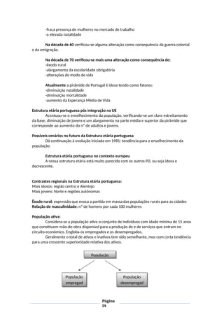 -fraca presença de mulheres no mercado de trabalho
-a elevada natalidade
Na década de 60 verificou-se alguma alteração como consequência da guerra colonial
e da emigração.
Na década de 70 verificou-se mais uma alteração como consequência do:
-êxodo rural
-alargamento da escolaridade obrigatória
-alterações do modo de vida
Atualmente a pirâmide de Portugal é idosa tendo como fatores:
-diminuição natalidade
-diminuição mortalidade
-aumento da Esperança Média de Vida
Estrutura etária portuguesa pós integração na UE
Acentuou-se o envelhecimento da população, verificando-se um claro estreitamento
da base, diminuição de jovens e um alargamento na parte média e superior da pirâmide que
corresponde ao aumento do nº de adultos e jovens.
Possíveis cenários no futuro da Estrutura etária portuguesa
Dá continuação à evolução iniciada em 1981: tendência para o envelhecimento da
população.
Estrutura etária portuguesa no contexto europeu
A nossa estrutura etária está muito parecida com os outros PD, ou seja idosa e
decrescente.
Contrastes regionais na Estrutura etária portuguesa:
Mais idosos: região centro e Alentejo
Mais jovens: Norte e regiões autónomas
Êxodo rural: expressão que evoca a partida em massa das populações rurais para as cidades
Relação de masculinidade: nº de homens por cada 100 mulheres
População ativa:
Considera-se a população ativa o conjunto de indivíduos com idade mínima de 15 anos
que constituem mão-de-obra disponível para a produção de e de serviços que entram no
circuito económico. Engloba os empregados e os desempregados.
Geralmente o total de ativos e inativos tem sido semelhante, mas com certa tendência
para uma crescente superioridade relativa dos ativos.
População
População
empregad
População
desempregad
Página
14
 