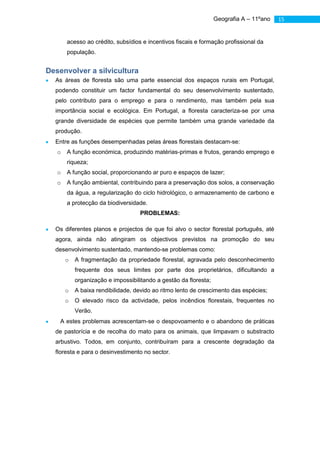 Geografia A – 11ºano   15


       acesso ao crédito, subsídios e incentivos fiscais e formação profissional da
       população.


Desenvolver a silvicultura
  As áreas de floresta são uma parte essencial dos espaços rurais em Portugal,
  podendo constituir um factor fundamental do seu desenvolvimento sustentado,
  pelo contributo para o emprego e para o rendimento, mas também pela sua
  importância social e ecológica. Em Portugal, a floresta caracteriza-se por uma
  grande diversidade de espécies que permite também uma grande variedade da
  produção.
  Entre as funções desempenhadas pelas áreas florestais destacam-se:
   o   A função económica, produzindo matérias-primas e frutos, gerando emprego e
       riqueza;
   o   A função social, proporcionando ar puro e espaços de lazer;
   o   A função ambiental, contribuindo para a preservação dos solos, a conservação
       da água, a regularização do ciclo hidrológico, o armazenamento de carbono e
       a protecção da biodiversidade.
                                   PROBLEMAS:

  Os diferentes planos e projectos de que foi alvo o sector florestal português, até
  agora, ainda não atingiram os objectivos previstos na promoção do seu
  desenvolvimento sustentado, mantendo-se problemas como:
       o   A fragmentação da propriedade florestal, agravada pelo desconhecimento
           frequente dos seus limites por parte dos proprietários, dificultando a
           organização e impossibilitando a gestão da floresta;
       o   A baixa rendibilidade, devido ao ritmo lento de crescimento das espécies;
       o   O elevado risco da actividade, pelos incêndios florestais, frequentes no
           Verão.
    A estes problemas acrescentam-se o despovoamento e o abandono de práticas
  de pastorícia e de recolha do mato para os animais, que limpavam o substracto
  arbustivo. Todos, em conjunto, contribuíram para a crescente degradação da
  floresta e para o desinvestimento no sector.
 