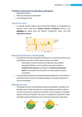 Geografia A – 11ºano      3


Problemas estruturais da agricultura portuguesa
   1. Dependência externa;
   2. Níveis de rendimento e produtividade;
   3. Fraca utilização do solo.


Dependência externa
      A produção agrícola nacional, ainda não permite satisfazer as necessidades de
      consumo interno, pelo que a balança alimentar portuguesa continua a ser
      deficitária em grande parte dos produtos, mantendo-se, assim, uma forte
      dependência externa.




Níveis de Rendimento e Produtividade
      Os problemas estruturais da agricultura reflectem-se nos níveis de rendimento e de
      produtividade, que ainda se situam abaixo da média comunitária.
          o   Para avaliar os níveis de rendimento da agricultura são utilizados
              indicadores definidos a nível comunitário, dos quais se destaca o
              rendimento dos factores que influencia o rendimento empresarial
              líquido, cuja evolução tem sido positiva, em parte, graças aos apoios
              comunitários.
      A produtividade da agricultura está directamente relacionada com a mão-de-obra e
      depende de factores como as tecnologias utilizadas, a formação profissional e o
      grau de mecanização.

Utilização do solo
      A ocupação do solo é uma problemática de grande actualidade e importância. Em
      Portugal mais de metade dos solos tem uma boa aptidão para floresta e apenas
      cerca de um quarto para a agricultura. No entanto, a área ocupada com actividade
      agrícola continua a ser superior à dos solos com aptidão para a agricultura. Muitas
      actividades agrícolas desenvolvem-se em solos pouco aptos para a agricultura.
 