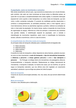 Geografia A – 11ºano        31


A população, como se movimenta e comunica
Não existe actualmente nenhum país, cuja economia se desenvolva num circuito fechado,
pelo contrário, são cada vez mais numerosas as trocas entres os diferentes países, as
quais têm na sua base a complementaridade entre várias regiões. A crescente interacção
espacial tem como suporte a rede transportes e os vários meios de transporte, que tem
vindo a sofrer constantes evoluções. O aumento da mobilidade permitiu desenvolver o
comércio e consequentemente, as actividade produtivas, tanto a nível regional, quer a
nível internacional, diminuir as assimetrias regionais e portanto, melhorar as condições de
vida e o bem-estar da população. Ao mesmo tempo, ajudou á expansão de novas formas
de organização do espaço, referindo-se a título de exemplo o crescimento dos subúrbios
nas grandes cidades, à redistribuição espacial da população, com a eclosão e
intensificação de movimentos migratórios, assim como à massificação de fenómenos
sociais, culturais e económicos, como é o caso do turismo.

A competitividade dos diferentes modos de transporte
As principais redes de transporte utilizadas para o estabelecimento de ligações são:

    Rede rodoviária;
    Rede ferroviária;
    Rede marítima;
    Rede área;
A escolha do modo de transporte a utilizar depende de vários factores, podendo enunciar-
se como os mais importantes o custo do transporte, o tipo de mercadoriaa transportar,
a distancia a percorrer, o tempo gastono percurso e ainda o tipo detrajecto a
percorrer.     Em Portugal, no trafego interno de mercadorias e de passageiros utiliza-se,
fundamentalmente, o transporte rodoviário. Relativamente ao trafego internacional de
mercadorias, o transporte é realizada, na maioria dos casos, por via marítima, ao qual se
segue os transportes rodoviário, que nos últimos anos tem registado um crescimento
assinalável, sobretudo o que se dirige aos países da União Europeia.

Rede de transportes
Conjunto de vias de comunicação (estradas, mar, rios, tubos, etc) que servem determinada
região.

Meios de transporte
Veículos e vias utilizados para a deslocação.
 