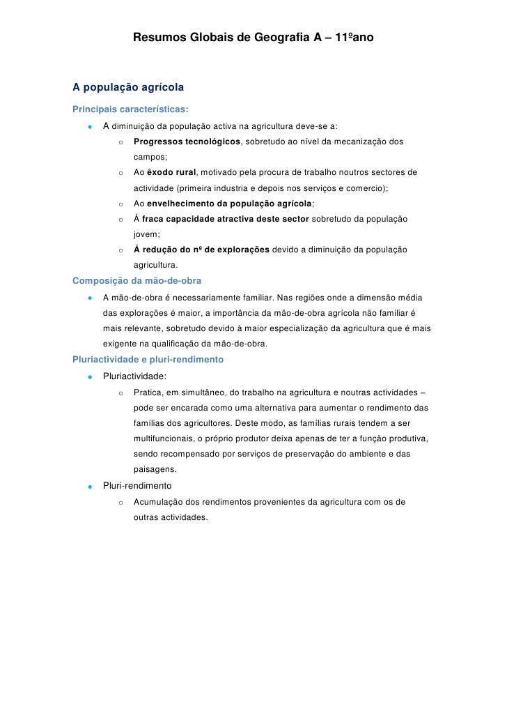 Resumos Globais de Geografia A – 11ºanoA população agrícolaPrincipais características:       A diminuição da população act...