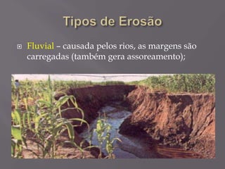  Fluvial – causada pelos rios, as margens são
carregadas (também gera assoreamento);
 