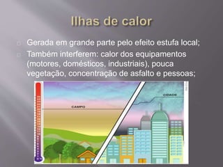 Gerada em grande parte pelo efeito estufa local;
Também interferem: calor dos equipamentos
(motores, domésticos, industriais), pouca
vegetação, concentração de asfalto e pessoas;
 