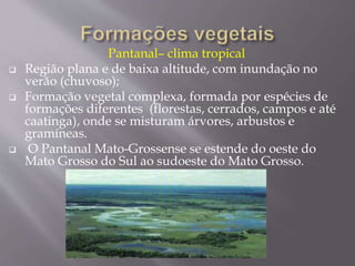 Pantanal– clima tropical 
 Região plana e de baixa altitude, com inundação no 
verão (chuvoso); 
 Formação vegetal complexa, formada por espécies de 
formações diferentes (florestas, cerrados, campos e até 
caatinga), onde se misturam árvores, arbustos e 
gramíneas. 
 O Pantanal Mato-Grossense se estende do oeste do 
Mato Grosso do Sul ao sudoeste do Mato Grosso. 
 