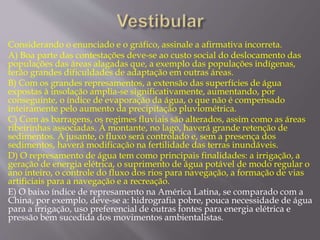 Considerando o enunciado e o gráfico, assinale a afirmativa incorreta. 
A) Boa parte das contestações deve-se ao custo social do deslocamento das 
populações das áreas alagadas que, a exemplo das populações indígenas, 
terão grandes dificuldades de adaptação em outras áreas. 
B) Com os grandes represamentos, a extensão das superfícies de água 
expostas à insolação amplia-se significativamente, aumentando, por 
conseguinte, o índice de evaporação da água, o que não é compensado 
inteiramente pelo aumento da precipitação pluviométrica. 
C) Com as barragens, os regimes fluviais são alterados, assim como as áreas 
ribeirinhas associadas. À montante, no lago, haverá grande retenção de 
sedimentos. À jusante, o fluxo será controlado e, sem a presença dos 
sedimentos, haverá modificação na fertilidade das terras inundáveis. 
D) O represamento de água tem como principais finalidades: a irrigação, a 
geração de energia elétrica, o suprimento de água potável de modo regular o 
ano inteiro, o controle do fluxo dos rios para navegação, a formação de vias 
artificiais para a navegação e a recreação. 
E) O baixo índice de represamento na América Latina, se comparado com a 
China, por exemplo, deve-se a: hidrografia pobre, pouca necessidade de água 
para a irrigação, uso preferencial de outras fontes para energia elétrica e 
pressão bem sucedida dos movimentos ambientalistas. 
 