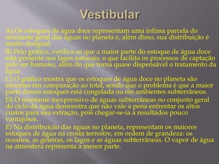 A) Os estoques de água doce representam uma ínfima parcela do 
montante geral das águas no planeta e, além disso, sua distribuição é 
muito desigual. 
B) Pelo gráfico, verifica-se que a maior parte do estoque de água doce 
está presente nos lagos naturais, o que facilita os processos de captação 
pelo ser humano, além do que torna quase dispensável o tratamento da 
água. 
C) O gráfico mostra que os estoques de água doce no planeta são 
enormes em comparação ao total, sendo que o problema é que a maior 
parte desses estoques está congelada ou em ambientes subterrâneos. 
D) O montante inexpressivo de águas subterrâneas no conjunto geral 
do ciclo da água demonstra que não vale a pena enfrentar os altos 
custos para sua extração, pois chegar-se-ia a resultados pouco 
vantajosos. 
E) Na distribuição das águas no planeta, representam os maiores 
estoques de água na crosta terrestre, em ordem de grandeza: os 
oceanos, as geleiras, os lagos e as águas subterrâneas. O vapor de água 
na atmosfera representa a menor parte. 
 