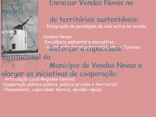 Promoção, captação de investimento e dinamização do empreendedorismo;Construir e afirmar a atractividade urbana de Vendas Novas:Requalificação Urbana - Habitação atractiva;- Arco Verde urbano;Requalificação do Centro Histórico, Património e animação cultural;Rede de equipamentos para coesão e atractividade; Rede de mobilidade regional;                       Enraizar Vendas Novas no modelo de territórios sustentáveis:                                - Integração do paradigma da vida activa no modelo urbano de                                Vendas Novas;                                -Excelência ambiental e energética;                                  - Valorização dos recursos endógenos e Turismo;                       Reforçar a capacidade institucional do                       Município de Vendas Novas e alargar as iniciativas de cooperação:- Articulação Local-Regional-Central;Cooperação público-público, público-privado e territorial;